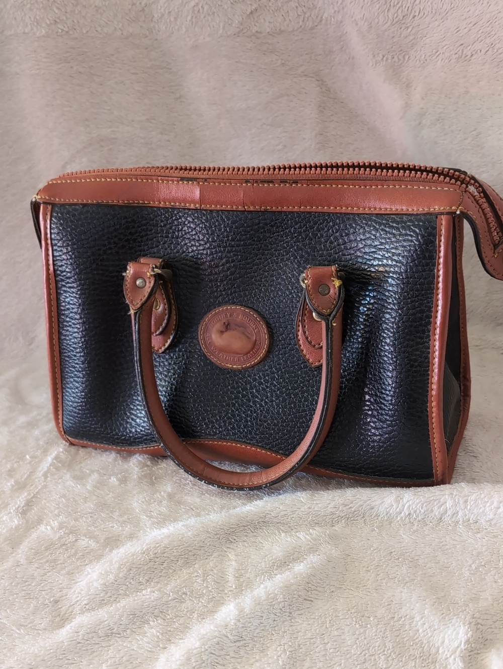 Dooney & Bourke Black Pebbled Leather Satchel with Brown Trim